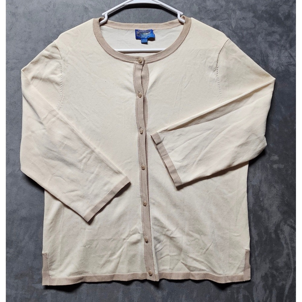 Pendleton Silk Blend Cardigan Sweater Cream‎ Tan Contrast Trim 3/4 Sleeve Large
